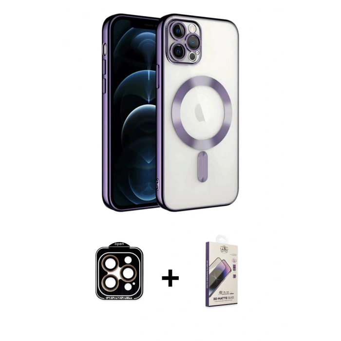 MARSİLYAN™- iPhone 14 Pro Max Kılıf Nova Işık Özel Seri - Siyah Bilvis 3D Mat Cam Ekran Koruyucu + PVD Metal Kamera Lens - TU