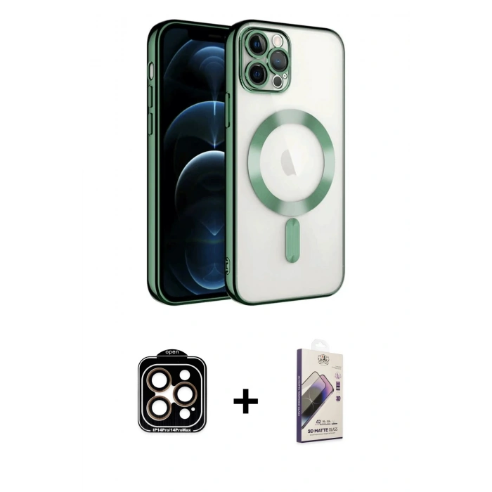 MARSİLYAN™- iPhone 14 Pro Max Kılıf Nova Işık Özel Seri - Siyah Bilvis 3D Mat Cam Ekran Koruyucu + PVD Metal Kamera Lens - TU