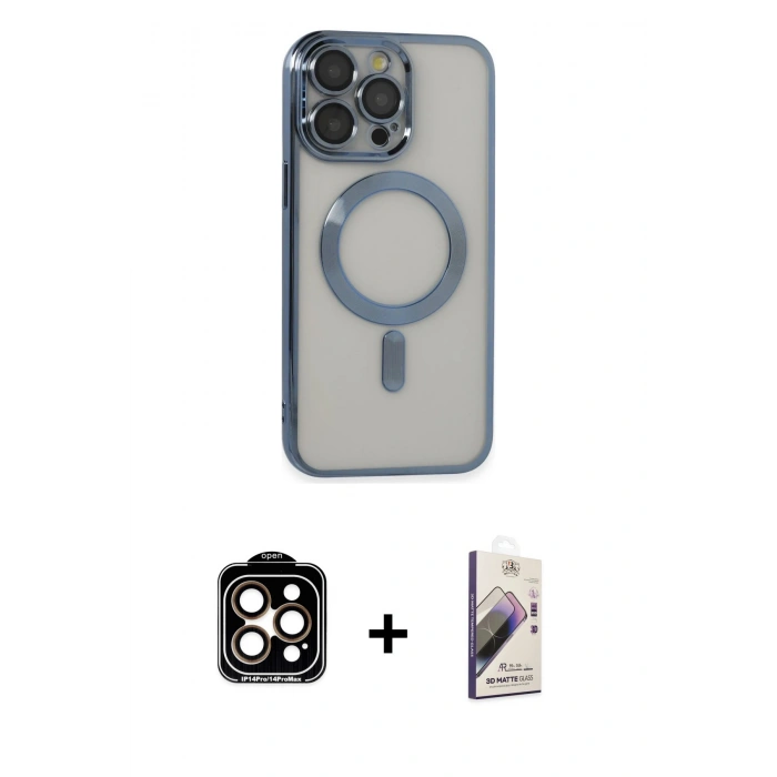 MARSİLYAN™- iPhone 14 Pro Max Kılıf Nova Işık Özel Seri - Siyah Bilvis 3D Mat Cam Ekran Koruyucu + PVD Metal Kamera Lens - TU