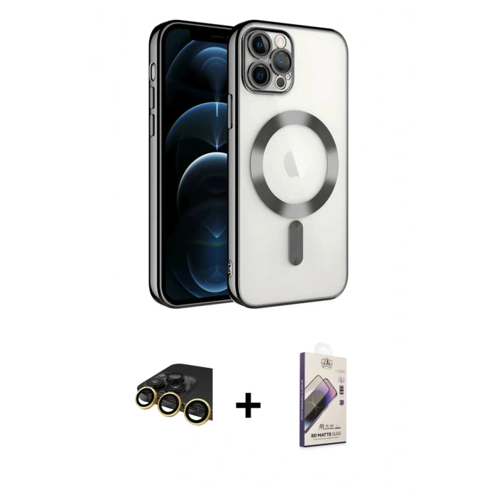 MARSİLYAN™- iPhone 14 Pro Max Kılıf Nova Işık Özel Seri - Siyah Bilvis 3D Mat Cam Ekran Koruyucu + Raze Metal Kamera Lens - GD