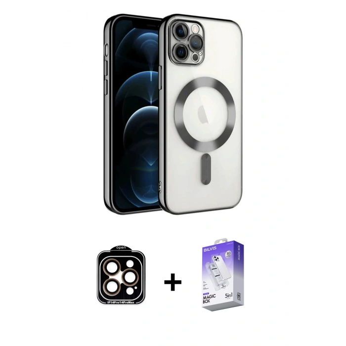 MARSİLYAN™- iPhone 14 Pro Max Kılıf Nova Işık Özel Seri - Siyah Bilvis 5in1 3D Magic Cam Ekran Koruyucu + PVD Metal Kamera Lens - TU
