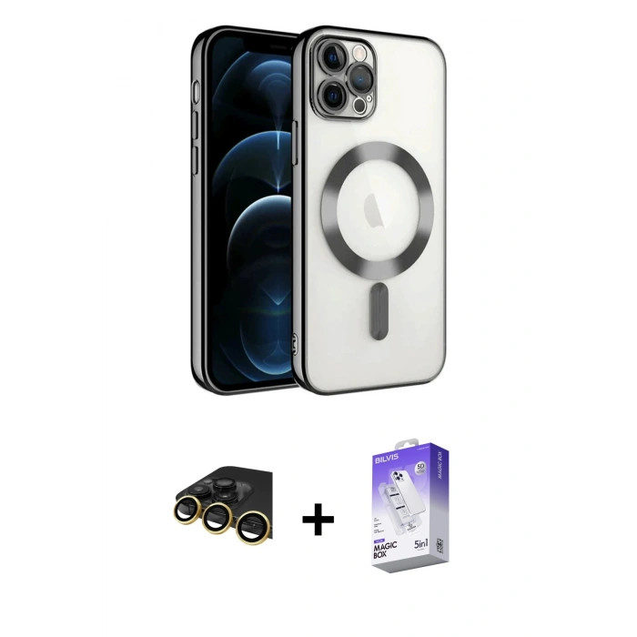 MARSİLYAN™- iPhone 14 Pro Max Kılıf Nova Işık Özel Seri - Siyah Bilvis 5in1 3D Magic Cam Ekran Koruyucu + Raze Metal Kamera Lens - GD
