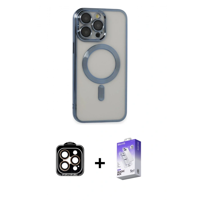 MARSİLYAN™- iPhone 14 Pro Max Kılıf Nova Işık Özel Seri - Siyah Bilvis 5in1 3D Magic Cam Ekran Koruyucu + PVD Metal Kamera Lens - TU