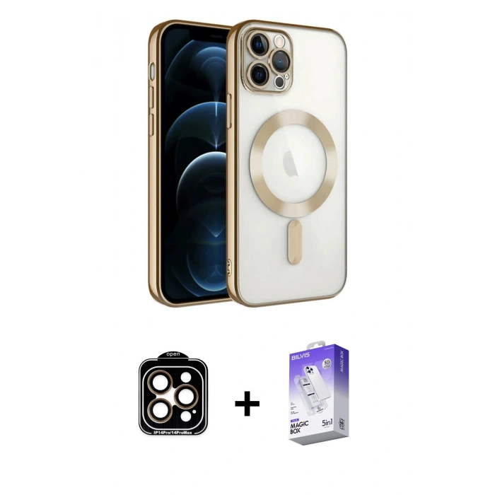 MARSİLYAN™- iPhone 14 Pro Max Kılıf Nova Işık Özel Seri - Siyah Bilvis 5in1 3D Magic Cam Ekran Koruyucu + PVD Metal Kamera Lens - TU