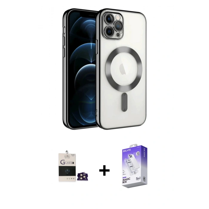 MARSİLYAN™- iPhone 14 Pro Max Kılıf Nova Işık Özel Seri - Siyah Bilvis 5in1 3D Magic Cam Ekran Koruyucu + Bilvis Titan Kamera Lens - GD