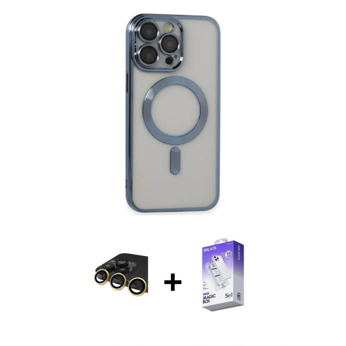 MARSİLYAN™- iPhone 14 Pro Max Kılıf Nova Işık Özel Seri - Siyah Bilvis 5in1 3D Magic Cam Ekran Koruyucu + Raze Metal Kamera Lens - GD