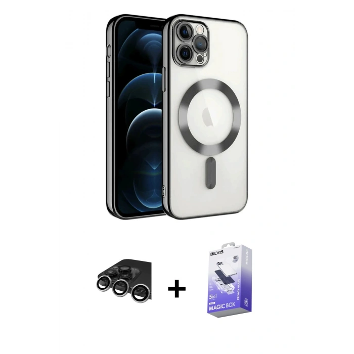 MARSİLYAN™- iPhone 14 Pro Max Kılıf Nova Işık Özel Seri - Siyah Bilvis 5in1 5D Magic Hayalet Cam Ekran Koruyucu + Raze Metal Kamera Lens - GS