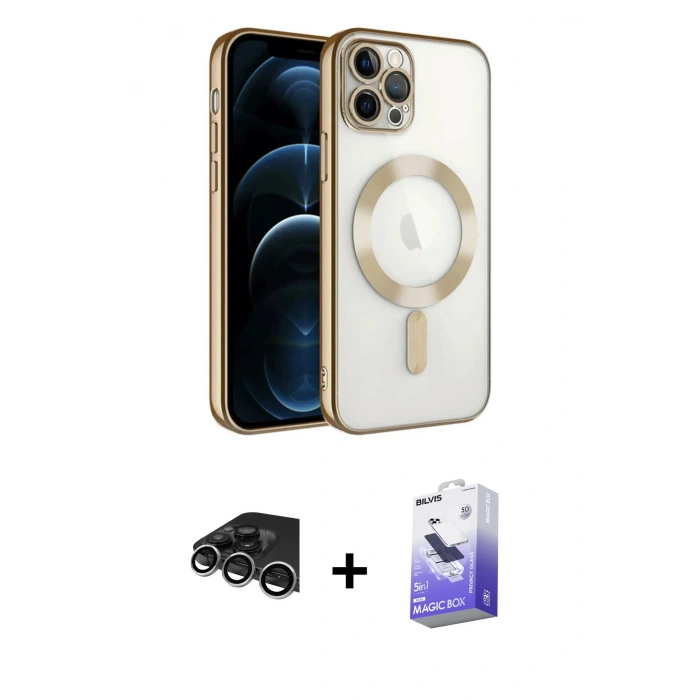 MARSİLYAN™- iPhone 14 Pro Max Kılıf Nova Işık Özel Seri - Siyah Bilvis 5in1 5D Magic Hayalet Cam Ekran Koruyucu + Raze Metal Kamera Lens - GS