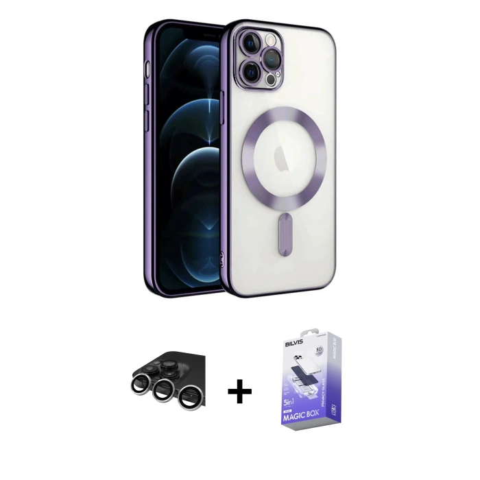 MARSİLYAN™- iPhone 14 Pro Max Kılıf Nova Işık Özel Seri - Siyah Bilvis 5in1 5D Magic Hayalet Cam Ekran Koruyucu + Raze Metal Kamera Lens - GS