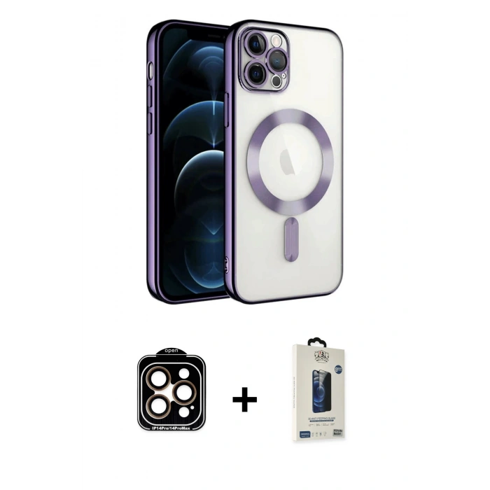MARSİLYAN™- iPhone 14 Pro Max Kılıf Nova Işık Özel Seri - Siyah Bilvis Hayalet Cam Ekran Koruyucu + PVD Metal Kamera Lens - TU