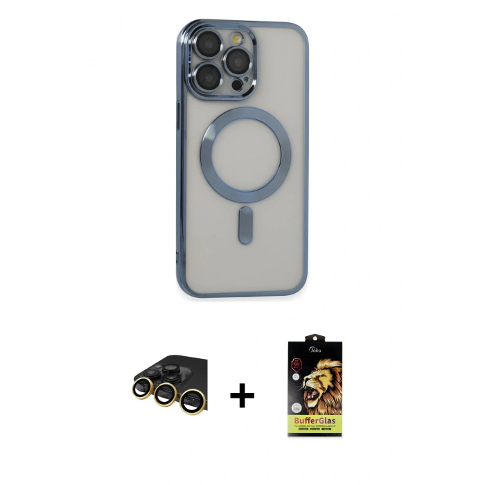 MARSİLYAN™- iPhone 14 Pro Max Kılıf Nova Işık Özel Seri - Siyah Buffer Cam Ekran Koruyucu + Raze Metal Kamera Lens - GD
