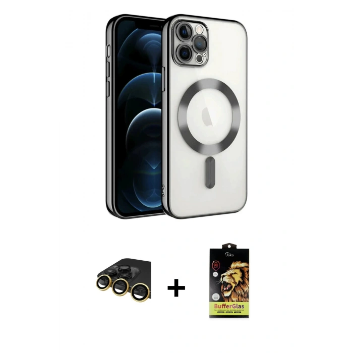 MARSİLYAN™- iPhone 14 Pro Max Kılıf Nova Işık Özel Seri - Siyah Buffer Cam Ekran Koruyucu + Raze Metal Kamera Lens - GD