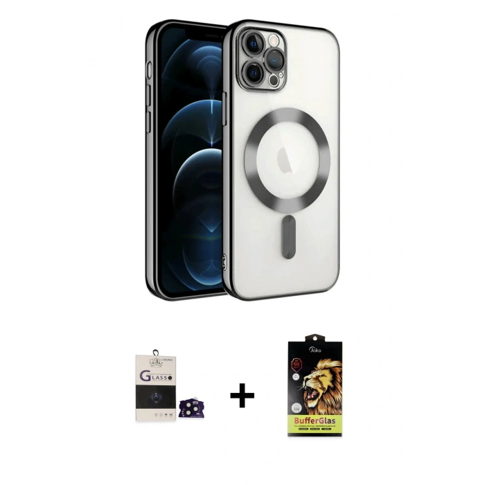 MARSİLYAN™- iPhone 14 Pro Max Kılıf Nova Işık Özel Seri - Siyah Buffer Cam Ekran Koruyucu + Siyah Bilvis Titan Kamera Lens