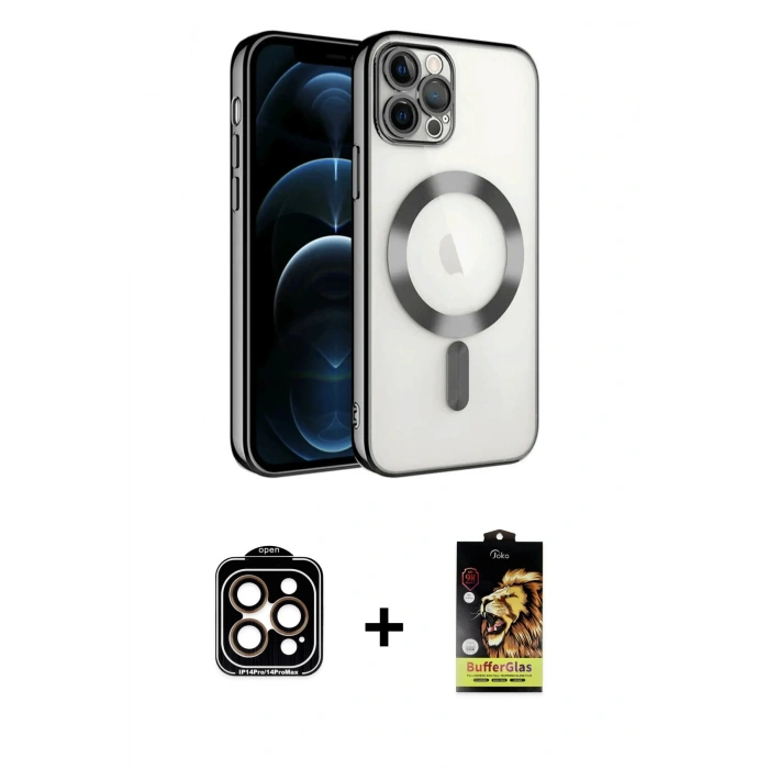 MARSİLYAN™- iPhone 14 Pro Max Kılıf Nova Işık Özel Seri - Siyah Buffer Cam Ekran Koruyucu + PVD Metal Kamera Lens - TU