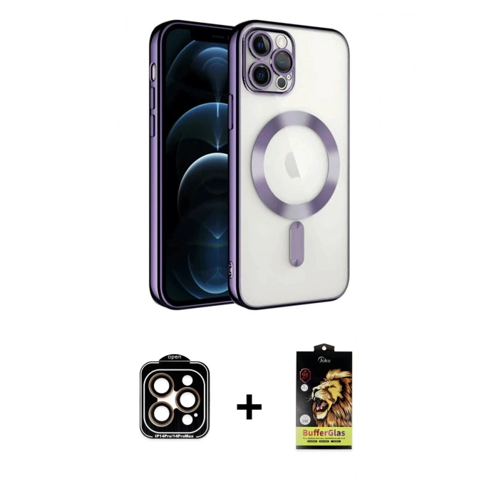 MARSİLYAN™- iPhone 14 Pro Max Kılıf Nova Işık Özel Seri - Siyah Buffer Cam Ekran Koruyucu + PVD Metal Kamera Lens - TU