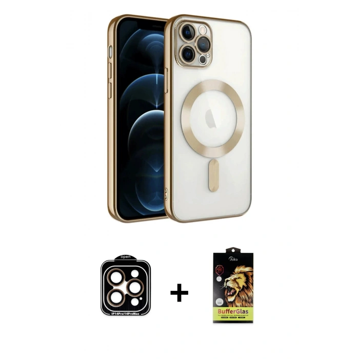 MARSİLYAN™- iPhone 14 Pro Max Kılıf Nova Işık Özel Seri - Siyah Buffer Cam Ekran Koruyucu + PVD Metal Kamera Lens - TU