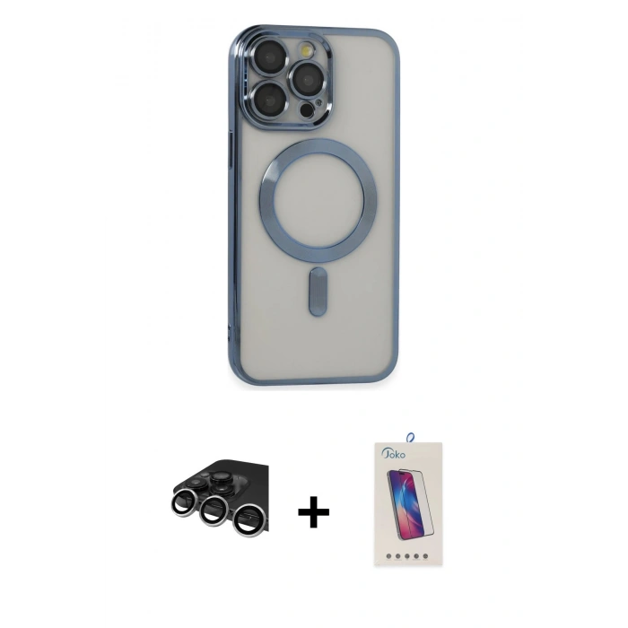 MARSİLYAN™- iPhone 14 Pro Max Kılıf Nova Işık Özel Seri - Siyah Joko 5D Cam + Gümüş Raze Metal Kamera Lens