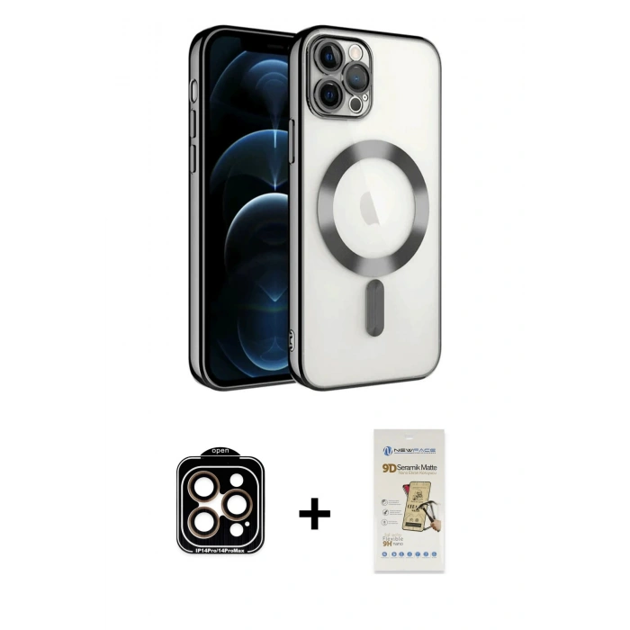 MARSİLYAN™- iPhone 14 Pro Max Kılıf Nova Işık Özel Seri - Siyah Mat Seramik Nano Ekran Koruyucu + PVD Metal Kamera Lens - TU