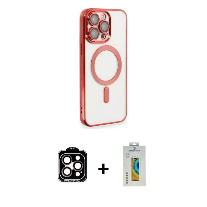 MARSİLYAN™- iPhone 14 Pro Max Kılıf Nova Işık Özel Seri - Siyah Polymer Nano Ekran Koruyucu + Turuncu PVD Metal Kamera Lens