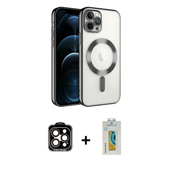 MARSİLYAN™- iPhone 14 Pro Max Kılıf Nova Işık Özel Seri - Siyah Polymer Nano Ekran Koruyucu + Turuncu PVD Metal Kamera Lens