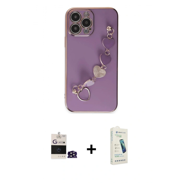 MARSİLYAN™- iPhone 14 Pro Max Kılıf Nova Işık Prime - Şeffaf Pasifik Cam Ekran Koruyucu + Derin Mor Bilvis Titan Kamera Lens