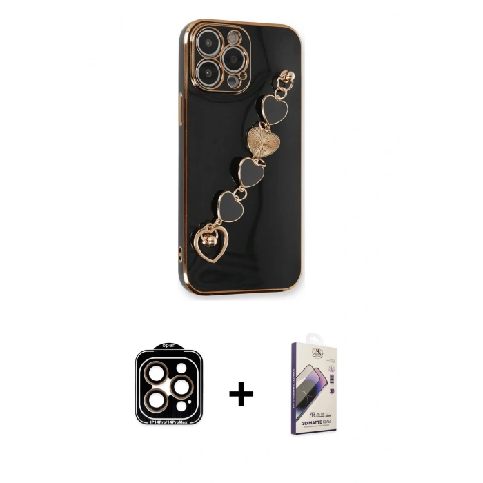 MARSİLYAN™- iPhone 14 Pro Max Kılıf Nova Işık Prime - Siyah Bilvis 3D Mat Cam Ekran Koruyucu + Turuncu PVD Metal Kamera Lens