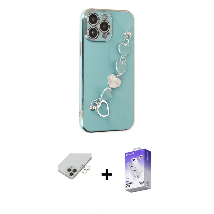 MARSİLYAN™- iPhone 14 Pro Max Kılıf Nova Işık Prime - Siyah Bilvis 5in1 3D Magic Cam Ekran Koruyucu + Gold Band Metal Kamera Lens