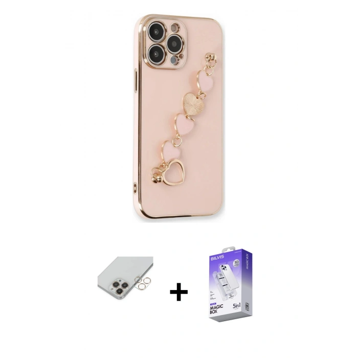 MARSİLYAN™- iPhone 14 Pro Max Kılıf Nova Işık Prime - Siyah Bilvis 5in1 3D Magic Cam Ekran Koruyucu + Gold Band Metal Kamera Lens