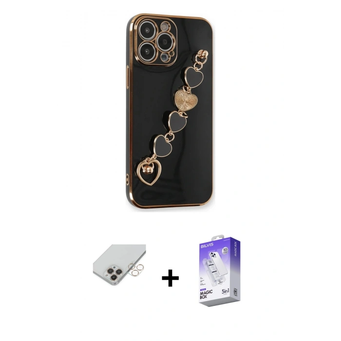 MARSİLYAN™- iPhone 14 Pro Max Kılıf Nova Işık Prime - Siyah Bilvis 5in1 3D Magic Cam Ekran Koruyucu + Gold Band Metal Kamera Lens