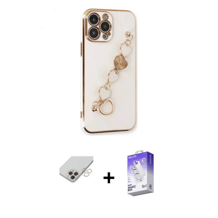 MARSİLYAN™- iPhone 14 Pro Max Kılıf Nova Işık Prime - Siyah Bilvis 5in1 3D Magic Cam Ekran Koruyucu + Gold Band Metal Kamera Lens