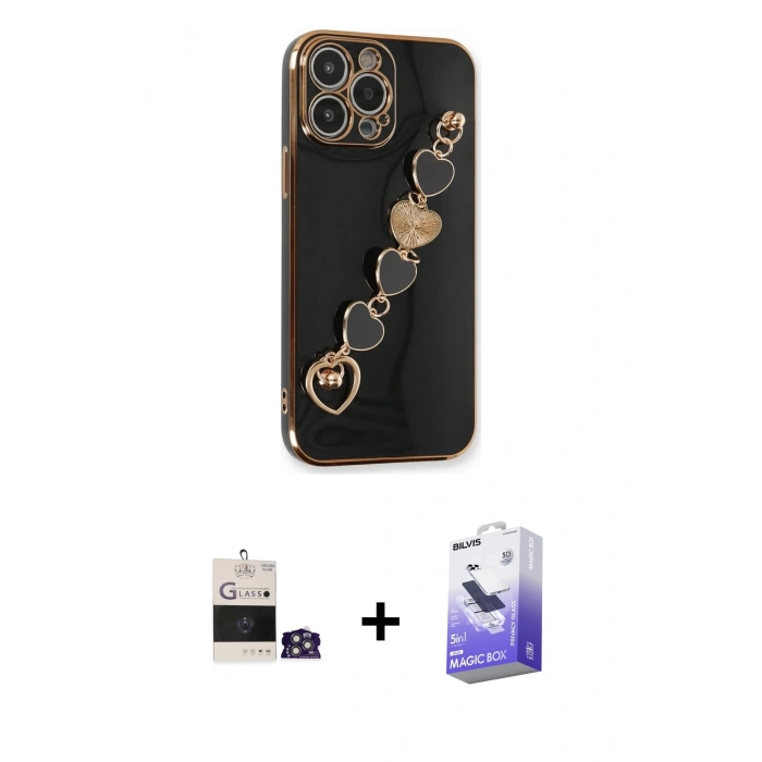 MARSİLYAN™- iPhone 14 Pro Max Kılıf Nova Işık Prime - Siyah Bilvis 5in1 5D Magic Hayalet Cam Ekran Koruyucu + Bilvis Titan Kamera Lens - GS