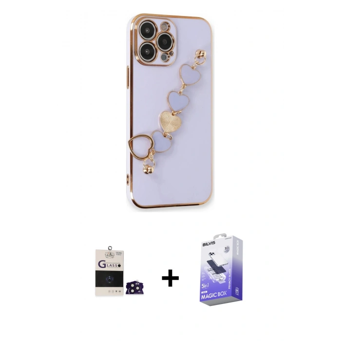 MARSİLYAN™- iPhone 14 Pro Max Kılıf Nova Işık Prime - Siyah Bilvis 5in1 5D Magic Hayalet Cam Ekran Koruyucu + Derin Mor Bilvis Titan Kamera Lens
