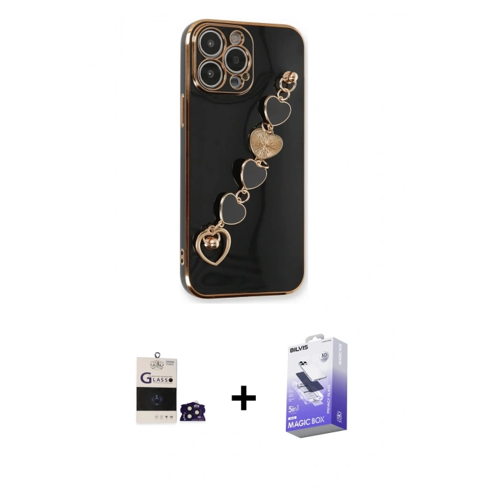 MARSİLYAN™- iPhone 14 Pro Max Kılıf Nova Işık Prime - Siyah Bilvis 5in1 5D Magic Hayalet Cam Ekran Koruyucu + Derin Mor Bilvis Titan Kamera Lens