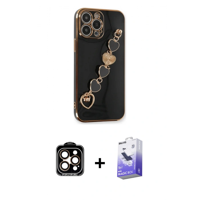 MARSİLYAN™- iPhone 14 Pro Max Kılıf Nova Işık Prime - Siyah Bilvis 5in1 5D Magic Hayalet Cam Ekran Koruyucu + PVD Metal Kamera Lens - TU