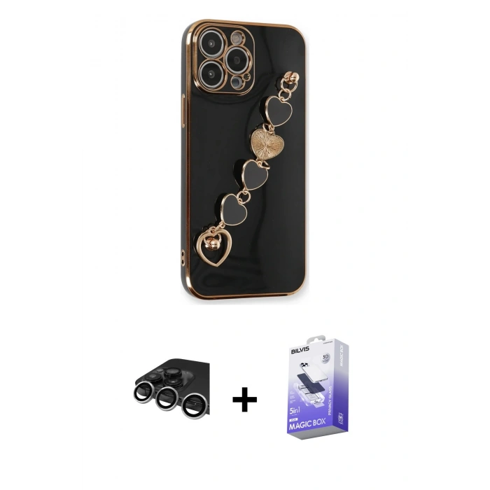 MARSİLYAN™- iPhone 14 Pro Max Kılıf Nova Işık Prime - Siyah Bilvis 5in1 5D Magic Hayalet Cam Ekran Koruyucu + Raze Metal Kamera Lens - GS