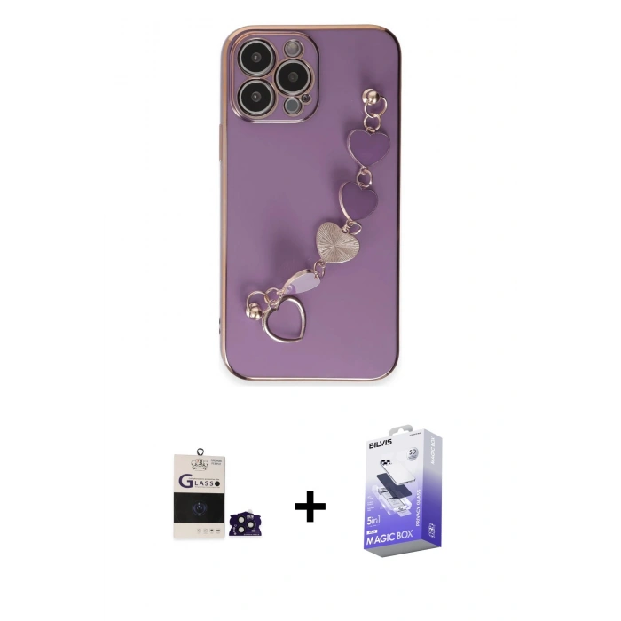 MARSİLYAN™- iPhone 14 Pro Max Kılıf Nova Işık Prime - Siyah Bilvis 5in1 5D Magic Hayalet Cam Ekran Koruyucu + Derin Mor Bilvis Titan Kamera Lens