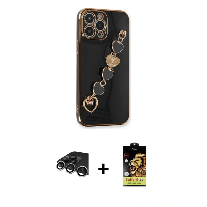 MARSİLYAN™- iPhone 14 Pro Max Kılıf Nova Işık Prime - Siyah Buffer Cam Ekran Koruyucu + Raze Metal Kamera Lens - GS
