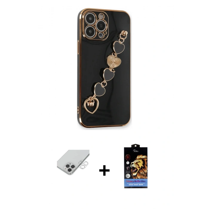 MARSİLYAN™- iPhone 14 Pro Max Kılıf Nova Işık Prime - Siyah Buffer Hayalet Cam Ekran Koruyucu + Gümüş Band Metal Kamera Lens