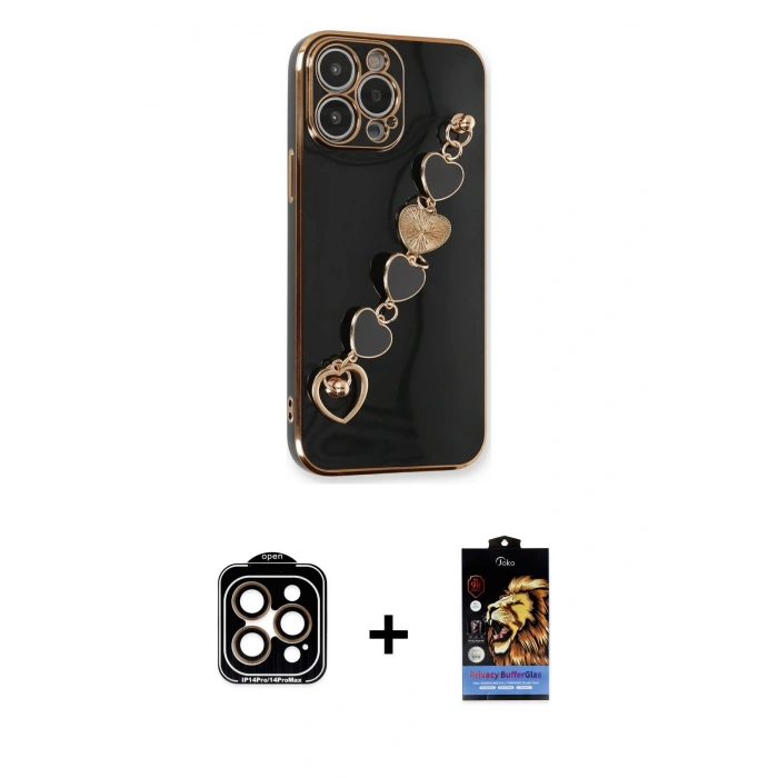MARSİLYAN™- iPhone 14 Pro Max Kılıf Nova Işık Prime - Siyah Buffer Hayalet Cam Ekran Koruyucu + PVD Metal Kamera Lens - TU