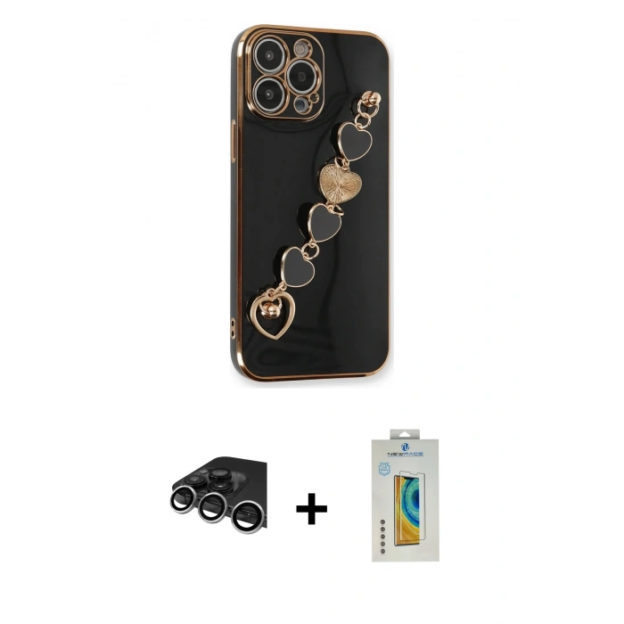 MARSİLYAN™- iPhone 14 Pro Max Kılıf Nova Işık Prime - Siyah Polymer Nano Ekran Koruyucu + Gümüş Raze Metal Kamera Lens