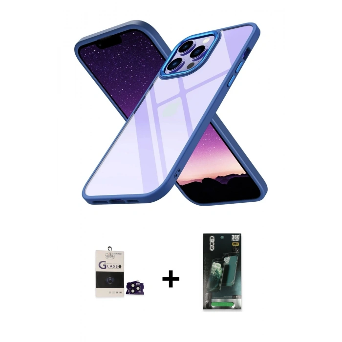 MARSİLYAN™- iPhone 14 Pro Max Kılıf Nova Işık Serisi - Şeffaf 360 Full Body Arka Koruyucu + Bilvis Titan Kamera Lens - SH