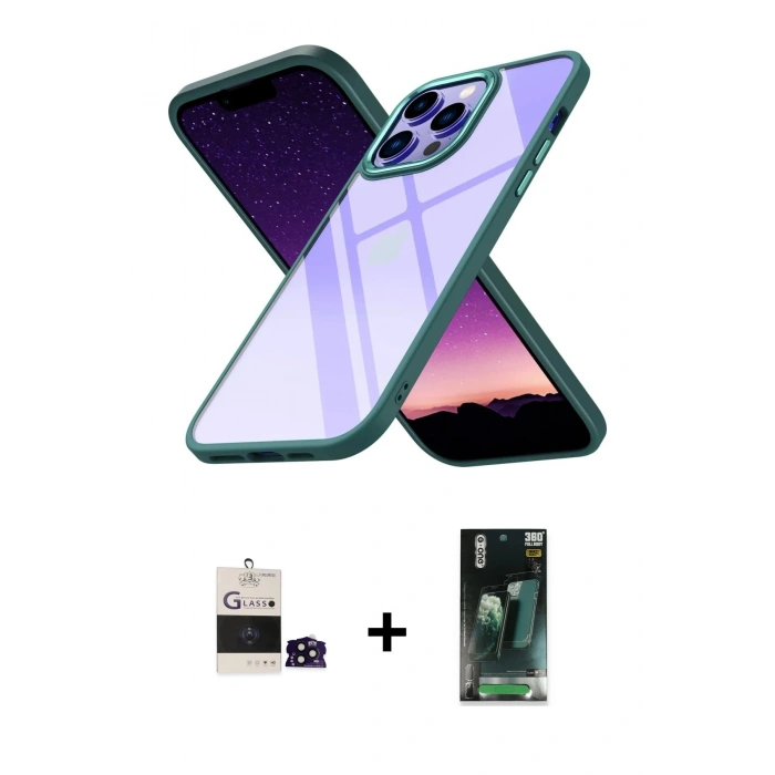 MARSİLYAN™- iPhone 14 Pro Max Kılıf Nova Işık Serisi - Şeffaf 360 Full Body Arka Koruyucu + Bilvis Titan Kamera Lens - SH