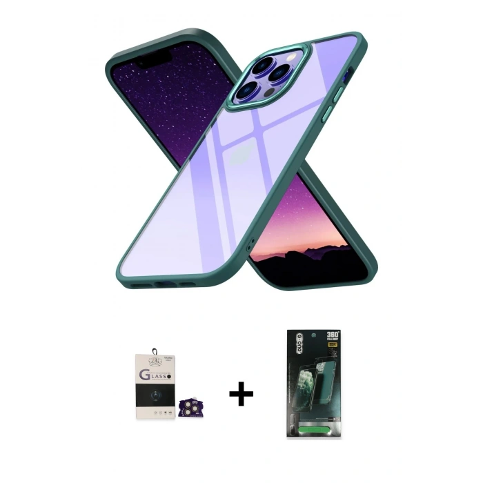 MARSİLYAN™- iPhone 14 Pro Max Kılıf Nova Işık Serisi - Şeffaf 360 Full Body Arka Koruyucu + Gold Bilvis Titan Kamera Lens