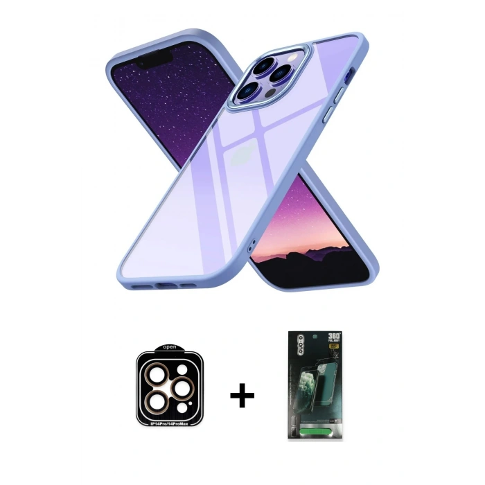 MARSİLYAN™- iPhone 14 Pro Max Kılıf Nova Işık Serisi - Şeffaf 360 Full Body Arka Koruyucu + PVD Metal Kamera Lens - TU