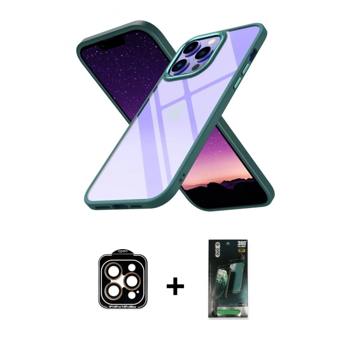 MARSİLYAN™- iPhone 14 Pro Max Kılıf Nova Işık Serisi - Şeffaf 360 Full Body Arka Koruyucu + PVD Metal Kamera Lens - TU