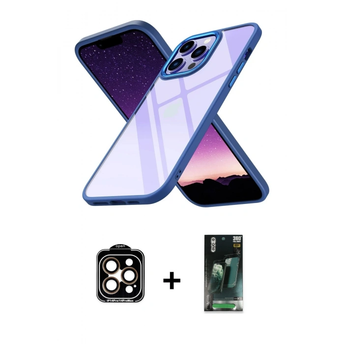 MARSİLYAN™- iPhone 14 Pro Max Kılıf Nova Işık Serisi - Şeffaf 360 Full Body Arka Koruyucu + PVD Metal Kamera Lens - TU