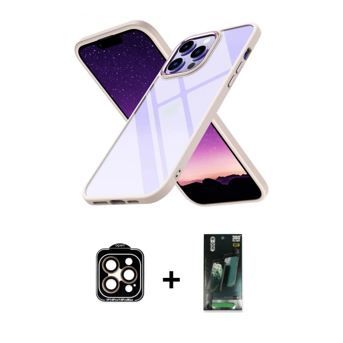 MARSİLYAN™- iPhone 14 Pro Max Kılıf Nova Işık Serisi - Şeffaf 360 Full Body Arka Koruyucu + PVD Metal Kamera Lens - TU