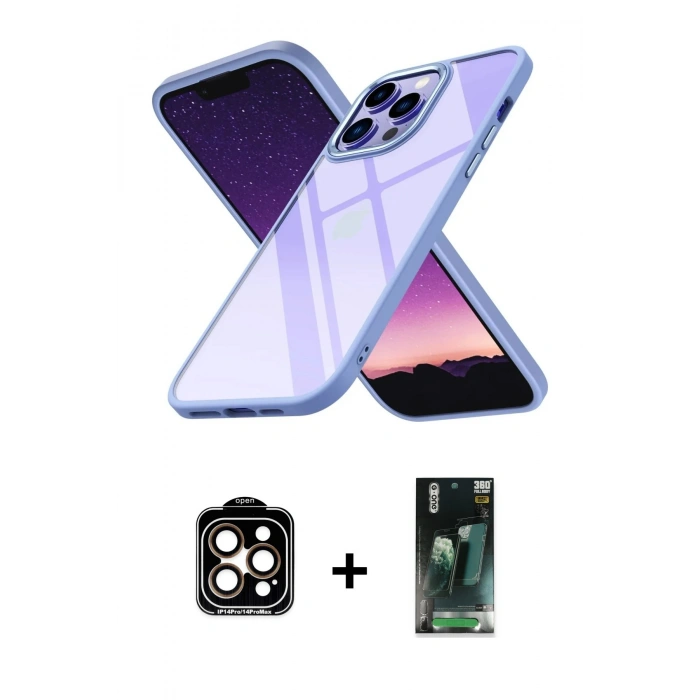 MARSİLYAN™- iPhone 14 Pro Max Kılıf Nova Işık Serisi - Şeffaf 360 Full Body Arka Koruyucu + PVD Metal Kamera Lens - TU