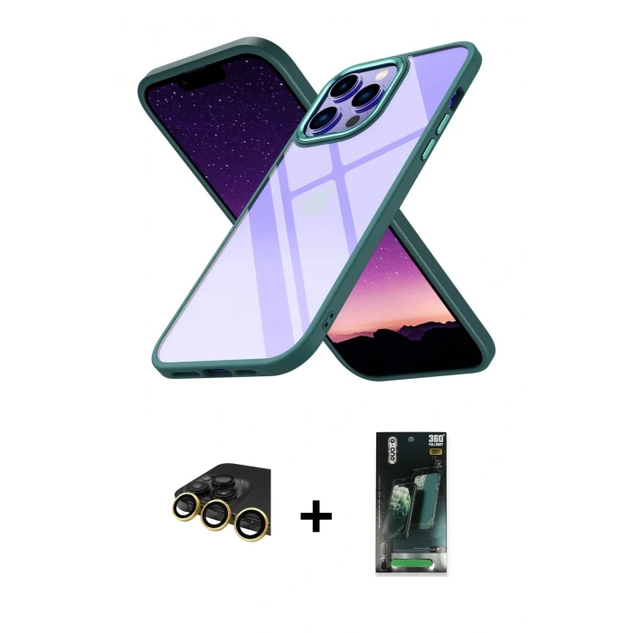 MARSİLYAN™- iPhone 14 Pro Max Kılıf Nova Işık Serisi - Şeffaf 360 Full Body Arka Koruyucu + Raze Metal Kamera Lens - GD