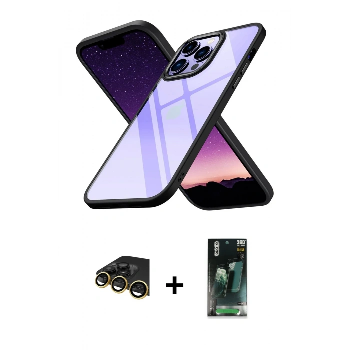 MARSİLYAN™- iPhone 14 Pro Max Kılıf Nova Işık Serisi - Şeffaf 360 Full Body Arka Koruyucu + Raze Metal Kamera Lens - GD